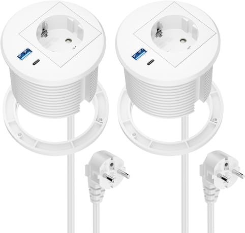 2 Pack Prise Encastrable Plan de Travail USB C PD20W, Multiprise Encastrable USB, Bloc Prise Encastrable pour Plan de Travail, Cuisine, Bureau, Meubles, 2500W/10A, 2M Câble, Blanc