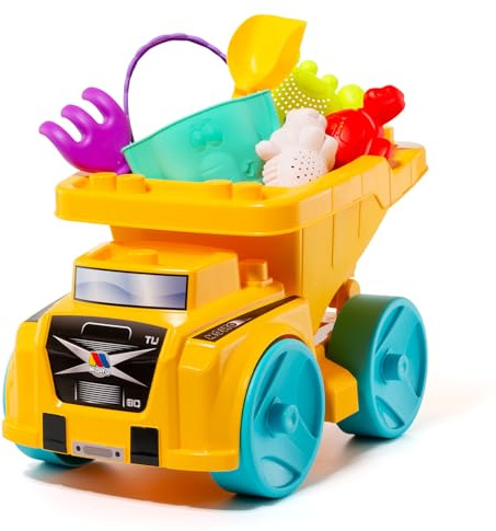 MOLTO | Camión Volquete de Playa con 6 Juguetes – Camión de Juguete para Arena y Jardín – Juguete Infantil con Carga y Descarga – Ideal para Niños