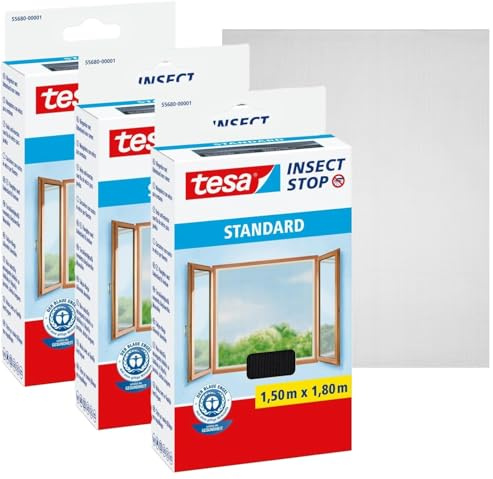 tesa Insect Stop Standard Fliegengitter für Fenster - Insektenschutz zuschneidbar - Mückenschutz ohne Bohren (3 Stück, Anthrazit (Durchsichtig), 1,5m:1,8m)
