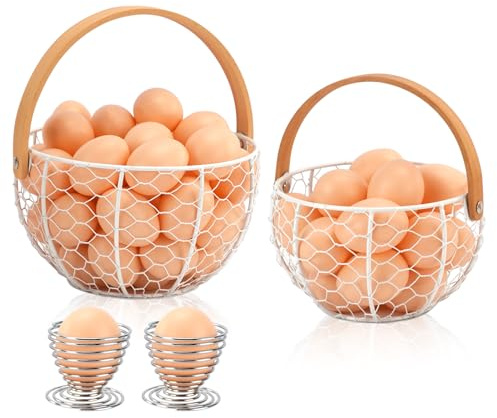 Mulaibdin 2 Pcs Egg Baskets for Fresh Eggs, Egg Storage Basket for Kitchen, Rustic Egg Holder with Egg Cups, Harvest Basket Wire with Handle for Collecting,Fruits,Bread,Vegetable,Farmhouse (White)