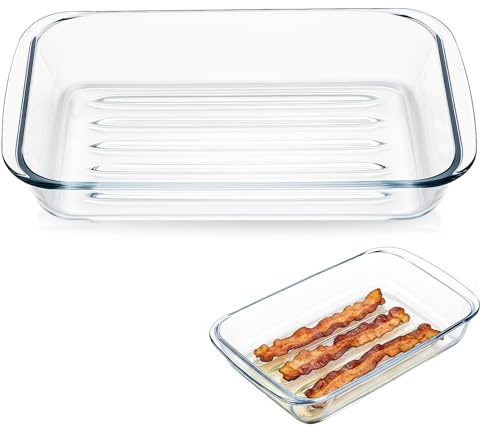 Acellegic Glass Microwave Bacon Tray Microwave Bacon Cooker with Grease Trap Splatter-free Grill Rack for Oven, Make Crispy in Minutes, 11.6L x 6.9W x 2H Inch