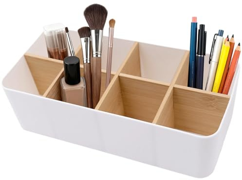 inheming 8 Fächer Stiftehalter, Büro Organizer Weiß, 8 Fächer Bambus Büro Desk Fernbedienungshalter mit Stifthalter für Stifte,Kosmetika,Smartphones