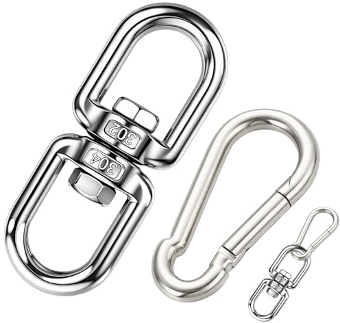 Émerillon en acier inoxydable M8 avec 2 mousquetons - Grande manille rotative en acier inoxydable avec double extrémité et œillet pivotant - Pour chaise suspendue, barbecue pivotant, balançoire