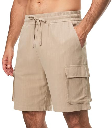 Zetieny Pantalones Cortos Cargo de Lino Bermudas Casuales Shorts para Hombre Verano Playa con Bolsillo