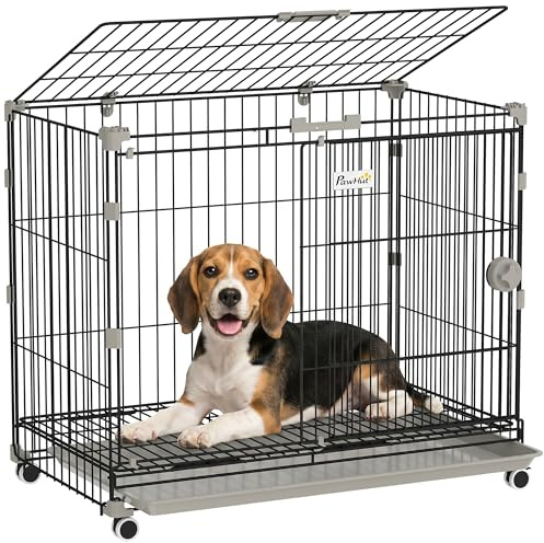 PawHut - Jaula para perro plegable, bandeja extraíble, ruedas con frenos, techo corredizo, puerta de alimentación, nicho interior para perros pequeños y medianos (75,5 x 46 x 64,5 cm, color negro