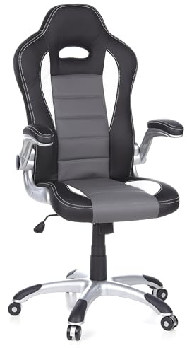 HJH Office 621710 Sedia da Ufficio Girevole GAME SPORT Pelle Sintetica, Poltrona da Gaming, Braccioli ripiegabile, Nero/Bianco/Grigio