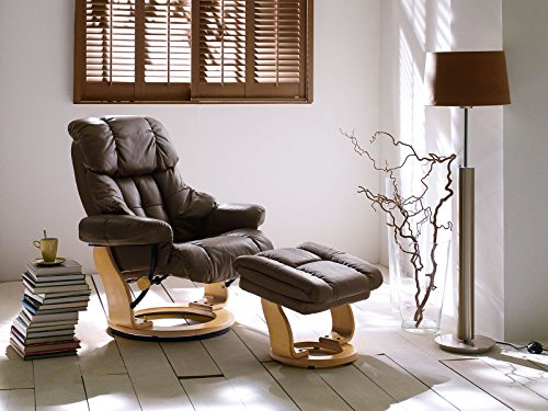 möbelando Relaxsessel >Carl I< mit Hocker, bis 130 kg belastbar, drehbarer Fernsehsessel mit Liegefunktion, Echtleder braun, Gestell Holz Natur