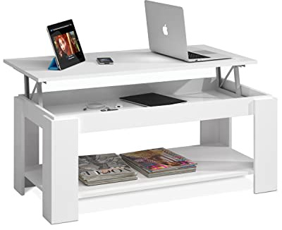 Table Basse avec Plateau relevable et Espace de Rangement et étagère inférieure, Couleur Blanc Mat, Dimensions 102 x 43 x 50 cm (la Hauteur Peut être relevée de 43 à 54 cm)