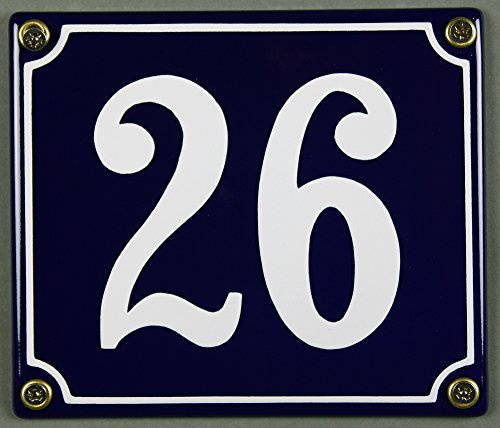 Emaille Hausnummernschild - Wählen Sie Ihre Nummer - Zahlen 1 bis 30 verfügbar - blau/weiß 12x12 cm und 12x14cm - sofort lieferbar! Hausnummer Schild wetterfest und lichtecht (26 blau/weiß 12x14cm)