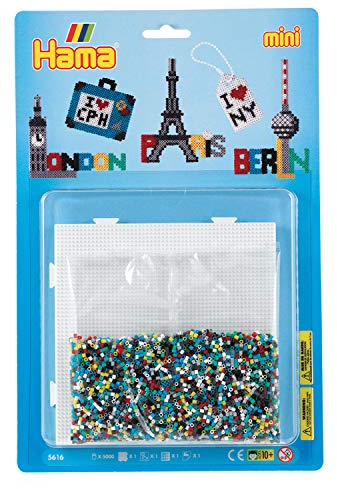 Hama Perlen 5616 Set Metropolen mit ca. 5.000 bunten Mini Bügelperlen mit Durchmesser 2,5 mm, Stiftplatte, inkl. Bügelpapier, kreativer Bastelspaß für Groß und Klein