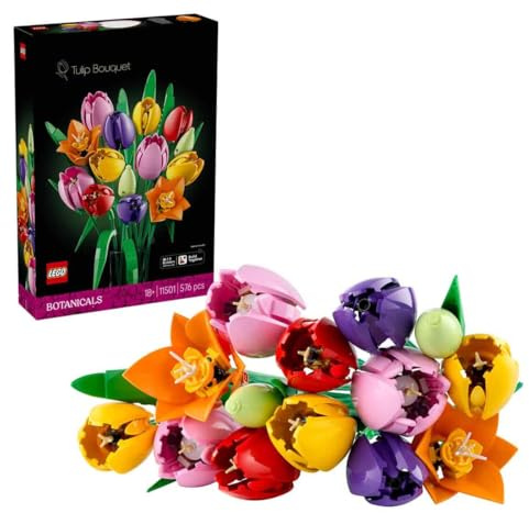 Lego Botanicals Le Bouquet de Tulipes - Set de Construction pour Adulte avec Fleurs Artificielles - 14 Tulipes dans 5 Couleurs - Décoration pour la Maison ou la Table - Cadeau DIY pour Femme 11501