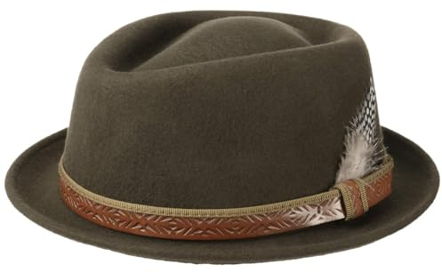 LIERYS Galveston Pork Pie Fedora Wollfilz Filzhut mit Garniturband Federschmuck Damen Herren Made in Italy Sommer Winter