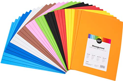perfect ideaz - Moosgummi DIN-A4, 27 Blatt, 9 Farben, 29,7 x 21 cm (2 mm dick), farbiges Bastelmaterial für Kinder, Top Qualität