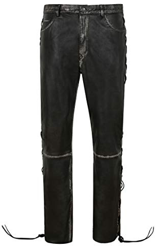 Men's Biker Laced Vintage Leather Trousers 100% Lambskin Riding Pants 00126 (Waist 36, Black Vintage)