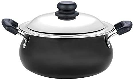 Vinod Black Pearl Hard Anodised Handi – Stainless Steel Lid – Junior Size – 3 Liters (3.2 Quarts) – Suitable for Biryani, Pulao, Gravy, Curry – Aluminium Pot – Riveted Handles - Metal Spoon Friendly