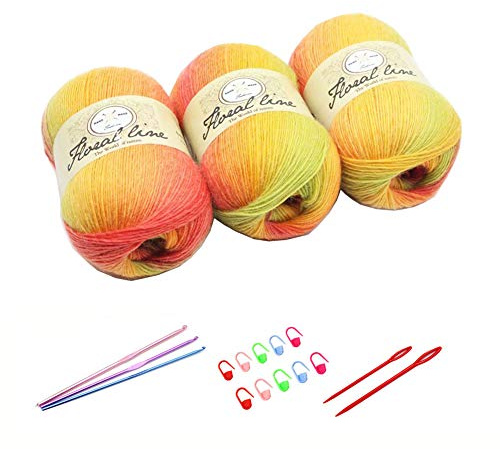 YAMEE 3 Stück 100 g Handstrickgarn farbverlauf wolle zum stricken Farbverlaufswolle Häkelgarn Stricken Garn Hand Gestrickt Garn Weberei Garn mit Häkelhaken und Häkelgarn Set