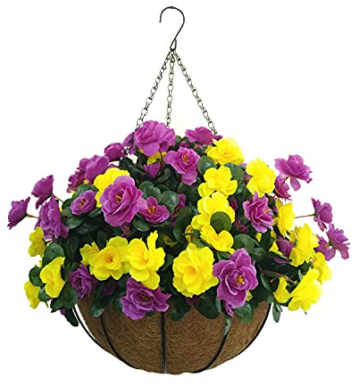 Dekoration für drinnen und draußen, künstliche große Azaleen, gelbe und violette Seidenblumen, niedlicher DIY-Ketten-Hängekorb mit Blumentopf (kleiner Korb)