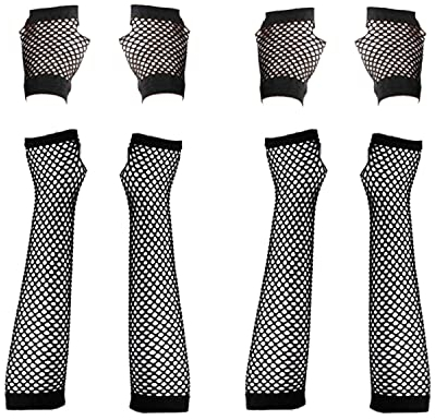 VIKSAUN 4 Paar Lang und Kurz Fischnetz Handschuhe Schwarz Fingerlos - Netz Mesh für Damen, Abendmode, 80er Jahre Verkleidung Kostüm Party Lieferungen