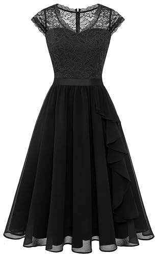 Wedtrend Aftonklänning elegant för bröllop, elegant A-linje, volangklänning, cocktailklänning, knälång, svart, XXL