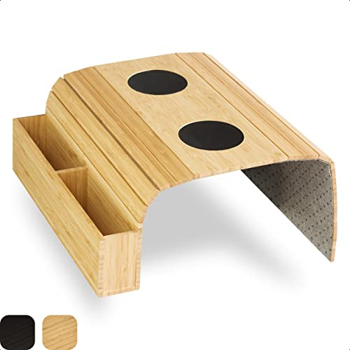 Tuko Armlehne Sofatablett Fächern & Halter - Bambus Couchtablett Natur | Flexibler Sofabutler & Sofa Ablage | Holztablett für Sofalehne & Couch | Rutschfeste Unterseite | Sofa Tray