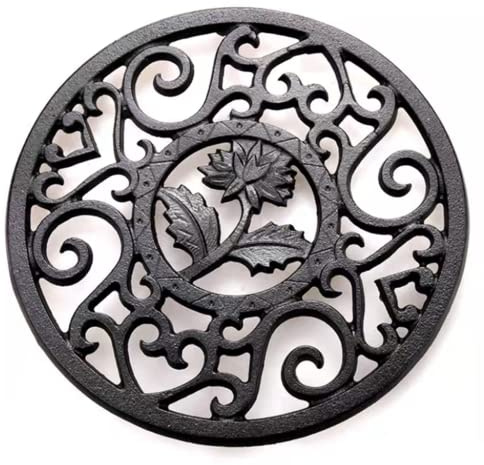 Beminh Trivet Cast Iron Trivet - 5.2 Inch Mat Coaster with Rubber Pegs-Heavy Duty Hot Pot Holder Pads, Non-Slip Insulation with Vintage Pattern- for Kitchen Dining Table Tea Pot (Flower A)