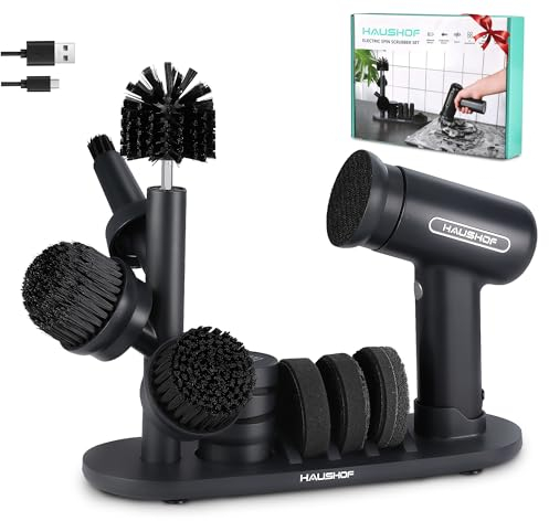 HAUSHOF Spazzola elettrica per la pulizia, spazzola a batteria con 7 spazzole, affilacoltelli e supporto, lavapavimenti a centrifuga con 3 velocità di regolazione e display LCD per bagno cucina