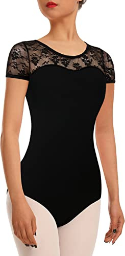DANSHOW Women Ballet Lace Short Sleeve Dance Leotard Tank Hollow Back Dancewear(7037-06-XL)