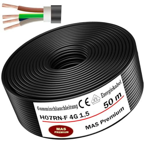 MAS Premium De 5 à 100m Câble d'alimentation avec gaine en caoutchouc H07RN-F 4G1,5 mm² Câble de chantier Flexible avec conducteur de protection pour appareils lourds (50m)