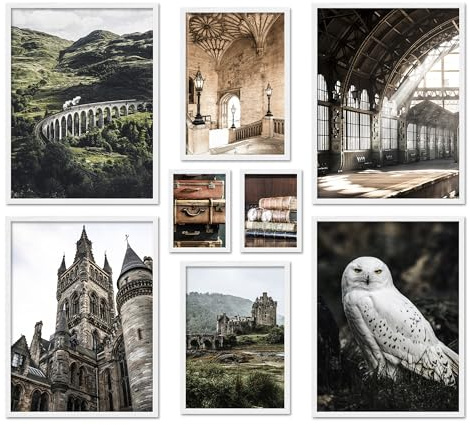 ARTFAVES® Poster Set - POTTERHEAD - mehrteilige Wanddeko Wohnzimmer & Schlafzimmer - 8 moderne Wandbilder Schottland, England, mystisch, Zug, Schneeeule - mit Rahmen Weiss