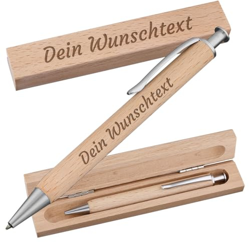 polar-effekt Holz Kugelschreiber und Etui mit Gravur - Holzstift für Büro, Home Office und Schule - Druckkugelschreiber für Freunde und Kollegen