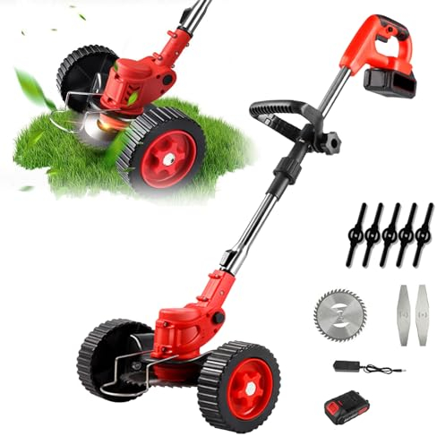 Elektro Rasentrimmer mit Akku, 650W Faltbarer Rasenkantenschneider mit Rädern, 15 cm Schnittdurchmesser, 90–120 cm Höhenverstellbar, 8500 RPM Kabellos Freischneider (Mit Einer Batterie)