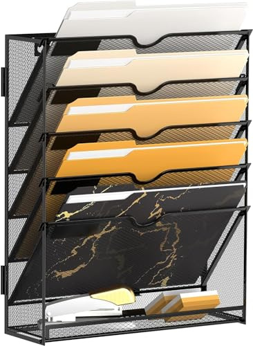 SUPTIDY 6-stöckiger Wand Zeitungshalter, Praktischer Wandorganizer Büro, A4 Dokumentenablage, Metall Prospekthalter, Zeitschriftenhalter Wand, Montage erforderlich, Schwarz