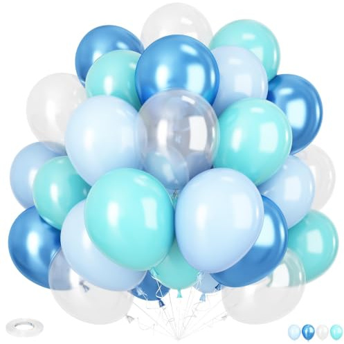 Ocean Under The Sea Balloon, 12 Inch Teal Blue Balloons Turquoise Blue and Transparent Balloons Metallic Baby Blue Balloon for Ocean Shark Sea Mermaid Themed Birthday Party Decoration | Teal, Turquoise, Transparent and Metallic Blue Balloons for Kids' Ocean, Shark and Mermaid Theme Birthday Party Decorations