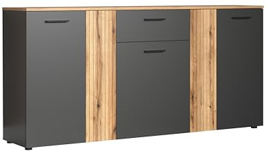 Kommode Esteban Anthrazit · B 181 x H 86 cm | B 181 x H 86 x T 38 cm · Vollauszug · 5 Türen, 1 Schublade, 3 Einlegeböden