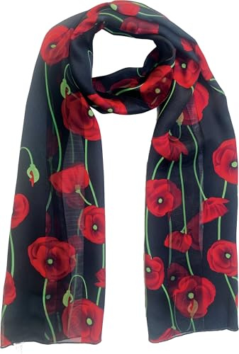 Lapeach Fashions Beautiful ladies Light weight floral poppy print satin stripe neck stole scarf. Ideal for memorial remembrance day event (BLACK)
