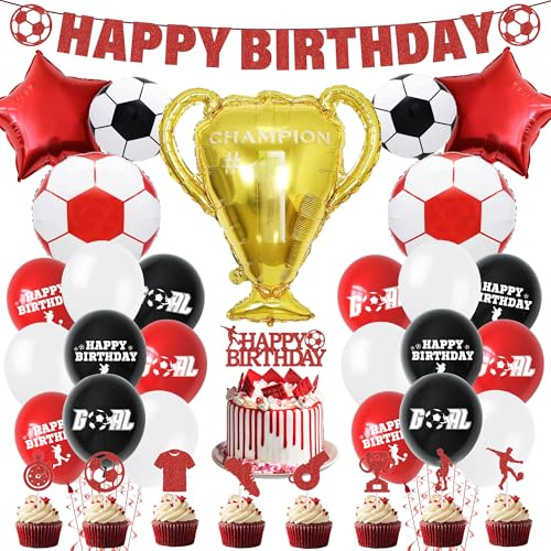 Football Birthday Decorations Cake Topper - Soccer Party Supplies Foil Balloons Cupcake Toppers Happy Birthday Banner for Boys, Red Sports Theme Party Decoration for Kids and Fans