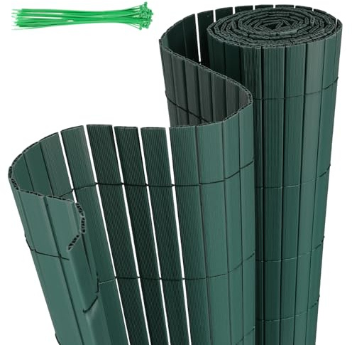 Jaxguom PVC Sichtschutzmatte, 140 x 600cm Sichtschutzzaun mit Kabelbindern, Verstärkte W-Struktur Lamellen, Wetterfester Windschutz für Balkon, Garten und Terrasse, Grün