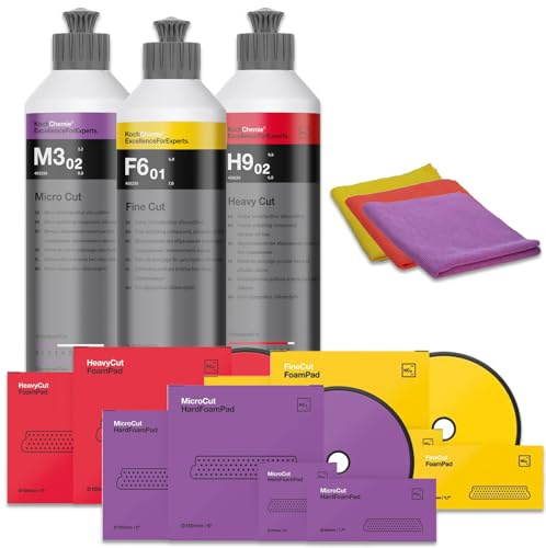 wortek Politur Set mit passendem Foam Pad und Poliertuch: Heavy Cut + Fine Cut + Micro Cut Koch Chemie Polituren (3x Pad 150mm + Politur 250ml + Poliertücher)