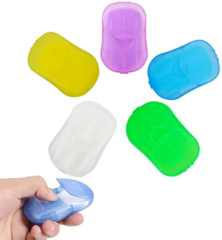 5 Pack Compact Travel Disposable Hand Soap Flakes and Fragranced Paper Soap Sheets with Protective Case, Ideal for Foaming Hand Cleansing During Outdoor Adventures, Camping, and Journeys On-The-Go
