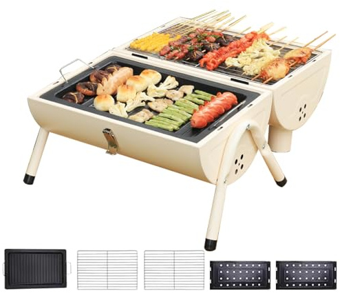 Fassgrills | Camping Grill Mit Räucherfunktion | Kompakter Grill mit Deckel für Haushalt, Picknick, Garten, Balkon und Camping