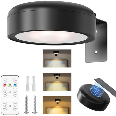 3 Stück Kabellose Bilderleuchte Wiederaufladbar mit Fernbedienung & Timer, Dimmbares Bild Licht mit 3 Farbtemperaturen, Magnetische LED Bildbeleuchtung für Bilderrahmen Wand Regal Kunstwerke (Schwarz)