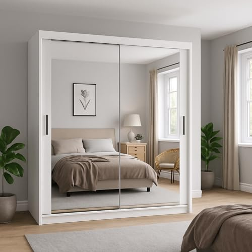 ALASKA Sliding Mirror Wardrobe, 2-3 Doors, Multiple Sizes & 6 Colours Available 120/150cm/180cm/203cm/250cm White-Black-Grey-Walnut-Wenge-Oak (White, 120cm)