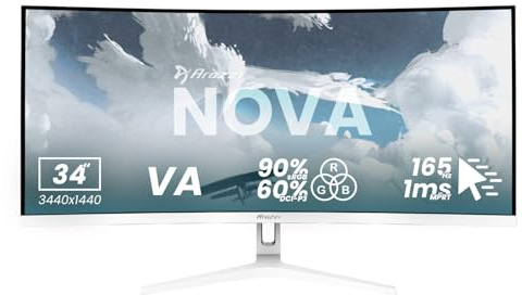 Arozzi Nova 34 Monitor Gaming Curvo VA UWQHD 3440×1440, 165 Hz, 1 ms, FreeSync, HDR, Ultrapanorámico, Altavoces Integrados – White | Ultra grande QHD 1440p, Adaptive Sync, HDR10, sin parpadeo, 90% sRGB, compatible con PC y consola
