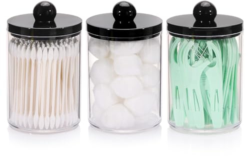 Tbestmax 10oz Qtips Holder - Bathroom Organizers and Storage Containers Plastic Apothecary Jar with Black Lids for Cotton Swab, Cotton Round Pads, Floss - Black