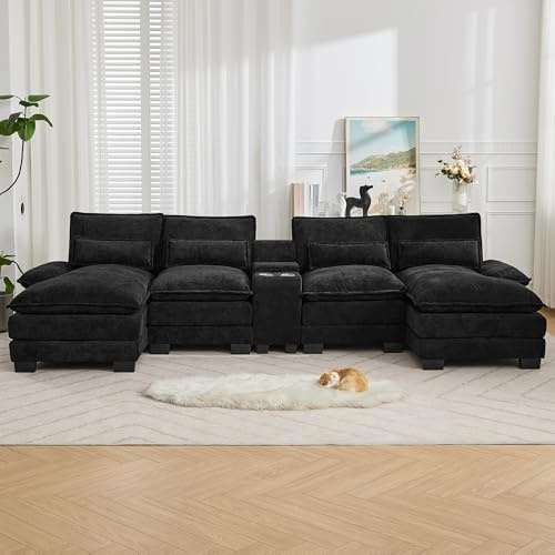 125'' U Shaped Cloud Modular Sofa with Chaise Lounges, Chenille Upholstered Comfy Sectional Couch with Storage Console, USB Charging Ports & Cup Holders, Small Deep Seat Sofa for Living Room, Black