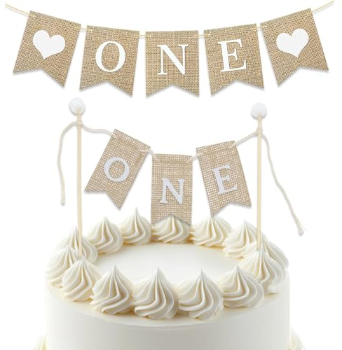 1 Pack Boho Burlap ONE Cake Topper & First Birthday Bunting Banner, Rustic 1st Birthday Photo Prop Decorations, Neutral Party Supplies for Baby Shower & One Year Old Birthday Party