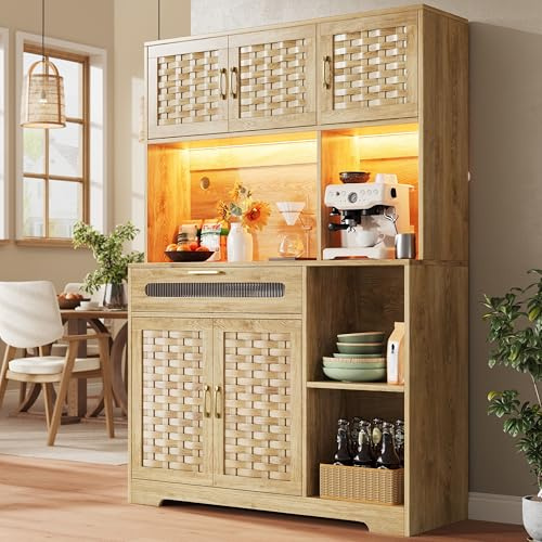 Oslghy Küchenschrank Hochschrank, Buffetschrank mit LED & Türen, Vorratsschrank Küche Hoch mit Dreistufige Höhenverstellung & Schubladen, MDF-gewebte Schranktüren Vitrinenschrank, 120×40×180cm