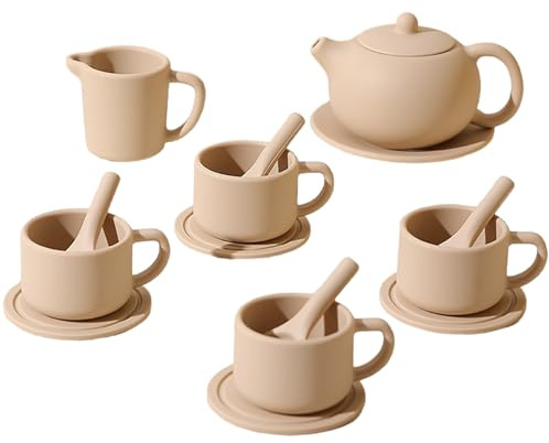 Peosaard Juego de té para niñas, 15 Piezas/Juego, Fiesta de té para niños, Silicona Segura, a Prueba de Calor, Juguetes para Juegos de simulación Que Incluyen Tetera/Posavasos/Tazas de/cucharas, a pr