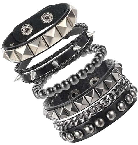 4Pcs Punk Rock Studded Bracelet Grunge Accessories Leather Studded Bracelet | Punk Bracelet Set Spiked Cuff Wristbands for Men and Women 80s Emo goth bracelet Wristband Adjustable,studded belt womens