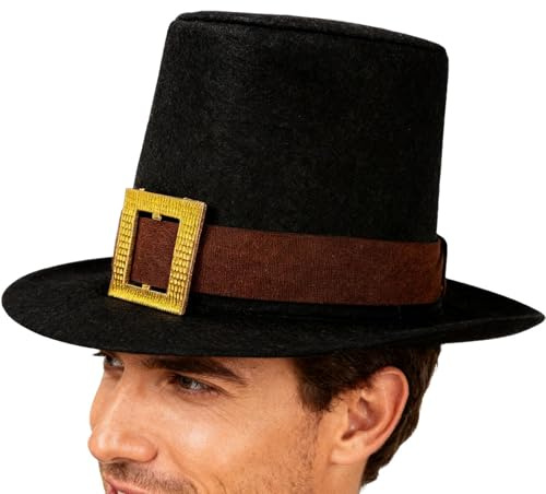 Pilgrimshatt för herr - 25 x 15 x 3 cm ull för Thanksgiving, Turkiets dag, nyhet, svart topp, 70 g | Justerbar guldspänne kostymtillbehör för vuxna och